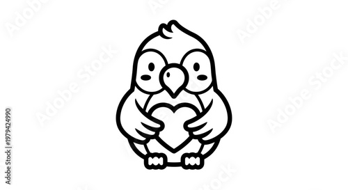 Cute Cartoon Penguin Holding a Heart Vector Illustration, Adorable Little Bird Hugging Love Symbol Line Art for Coloring Book and Valentine's Day Graphic