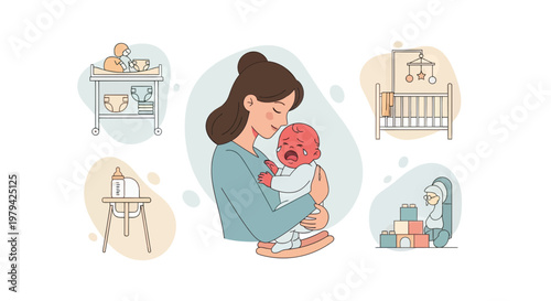 Loving Mother Comforting Her Crying Newborn Baby with Nursery Icons in the Background