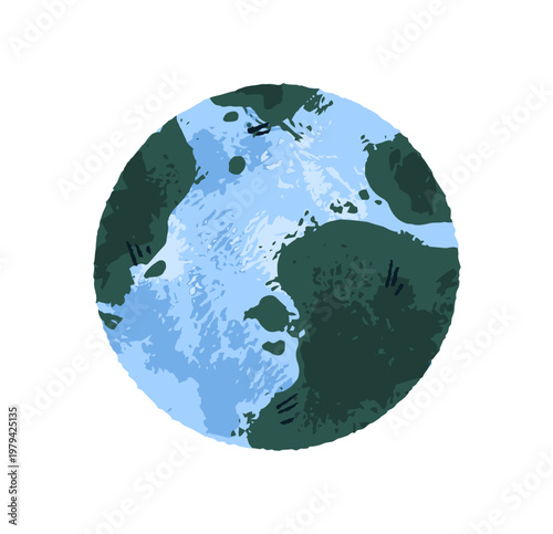 Icon of Earth globe. Planet with land and oceans. Geography subject. Global environment, worldwide ecology and nature of world. Flat isolated hand drawn vector illustration on white background