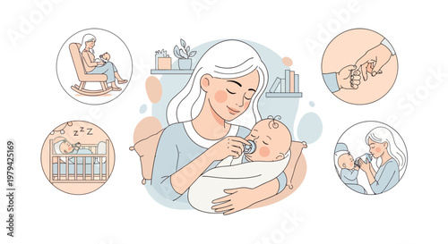 Mother Caring for Newborn Baby Illustration Set showing Feeding Sleeping and Bonding Routine