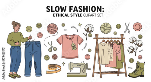 A digital illustration displaying slow fashion items including a seamstress sewing tools clothing fabric and yarn