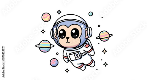 Cute Baby Monkey Astronaut Floating in Outer Space with Colorful Planets and Stars, Kawaii Animal Cosmonaut Vector Illustration