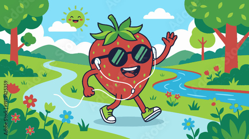 Cheerful cartoon strawberry character with sunglasses and earbuds enjoying a healthy walk in a vibrant sunny natural landscape.