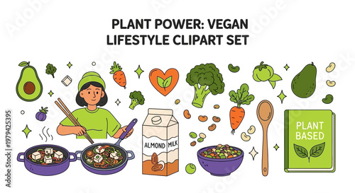An illustrated clipart collection featuring a woman cooking various vegetables legumes almond milk and a plantbased cookbook