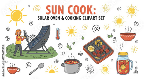 A set of cartoon illustrations featuring a person using a parabolic solar cooker cooking pots fruits a thermometer and various sun icons