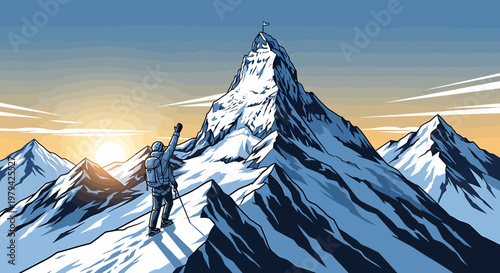 Adventurous climber reaches snowy mountain peak at sunrise.