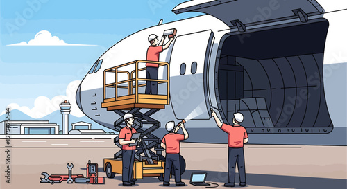 Aircraft maintenance crew working on airplane cargo door.