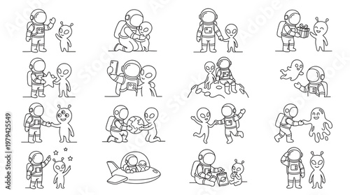 Hand drawn outline astronaut and alien friendship set with doodle sketch style. Cute space explorer and monster character collection featuring cosmic interaction and extraterrestrial scenes.