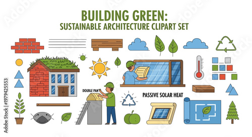 Graphic set of sustainable architecture elements including solar panels greenroofed homes construction workers and blueprints
