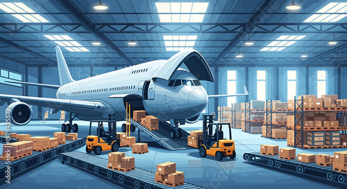 Airplane cargo loading in a large warehouse with forklifts and boxes.