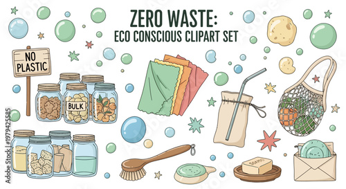 Handdrawn set of ecofriendly lifestyle illustrations including glass jars cloth wraps produce bags brushes and soap