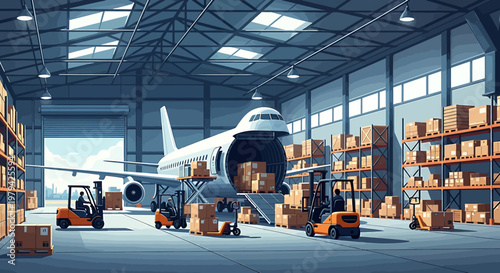 Airplane cargo loading in a large warehouse with forklifts and boxes.