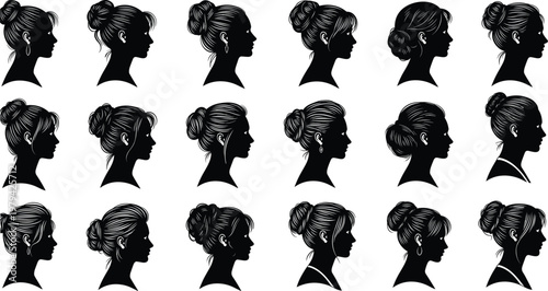 Set of Female Profile Silhouettes Featuring Various Bun Hairstyles Elegant Women Head Side View Illustrations Isolated on White Background for Design