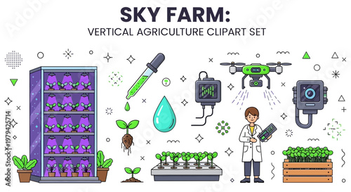 A set of flat outlined icons depicting vertical farming technology including a hydroponic rack drone sensors and plants