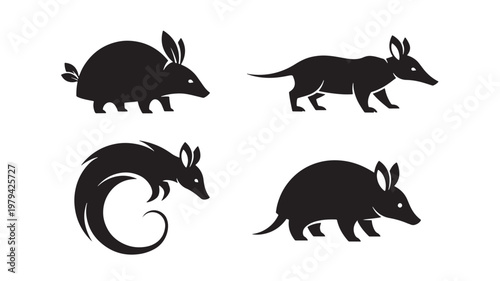 Ant eater animal icon set with black silhouette drawings featuring four different poses on white background