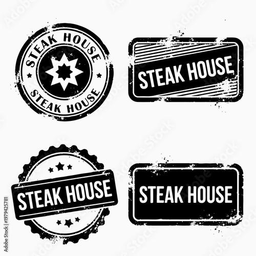 Unique steak house variations combining circular frames, icons, and vintage inspired typography