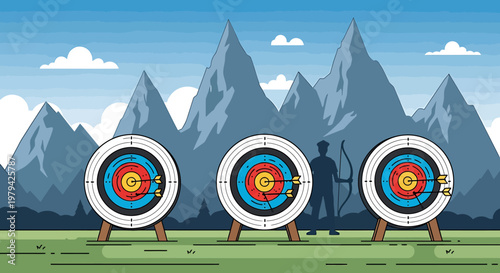 Archery targets standing on grass field.
