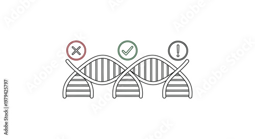 Detailed dna strand vector illustration featuring multiple status icons representing medical testing and genetic diagnostic analysis