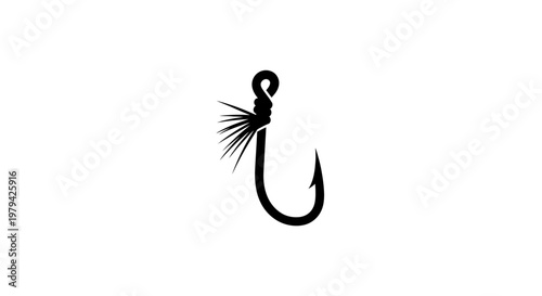 Black silhouette of a fishing hook with fly lure attached.