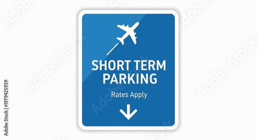 Blue Airport Short Term Parking Sign with Airplane Icon and Arrow.