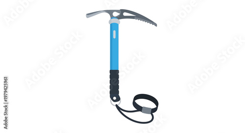 Blue ice axe with black grip and lanyard for climbing.