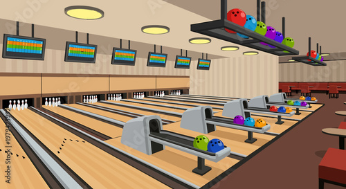 Bowling alley with colorful lanes.