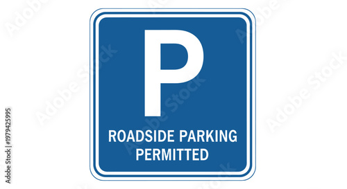Blue parking sign with white letter P and text Roadside Parking Permitted.