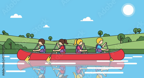 Canoeing, outdoor adventure, recreational sports, vector illustration, summer fun, water activities