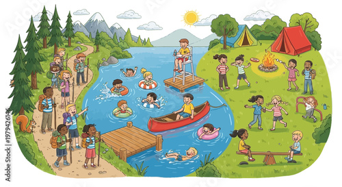 Summer camp, lake activities, outdoor fun, kids adventure