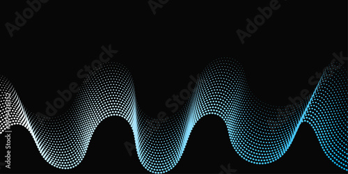 Futuristic blue wave abstraction with fractal realms and halftone dot patterns creates a creative vector texture design for a business technology banner and wallpaper backdrop