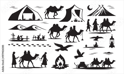 Desert caravan and nomadic life silhouettes during sunset Isolated on white background