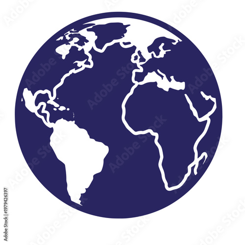 Dark blue globe white continents, isolated on white background, earth