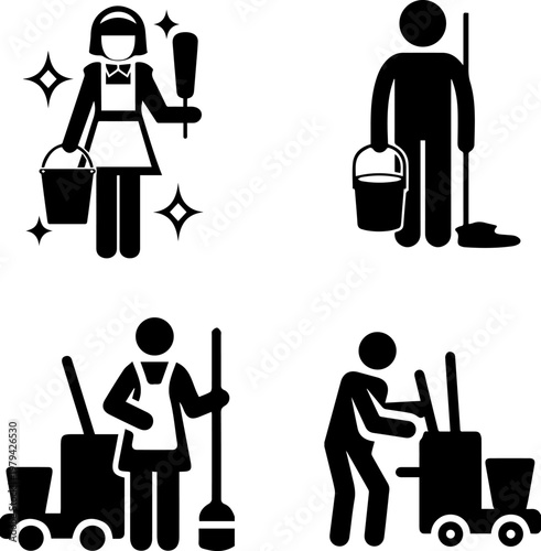 Set of Maid and Cleaner Staff Working with Equipment Symbols