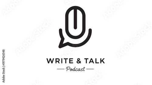 Microphone icon with chat bubble and text "Write & Talk" podcast logo on clean white background featuring audio, recording, broadcasting with