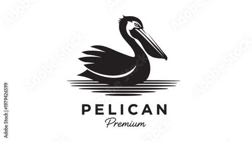Pelican bird logo icon with stylized black and white design and shoreline waves, suitable for premium branding