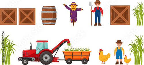 Farm Harvesting Tools and Equipment Set with Tractor, Scarecrow, Chickens, and Hay for Agriculture, Farming, and Rural Designs