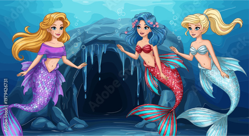 Cartoon Style Mermaid Characters Set with Colorful Tails and Underwater Scene for Fantasy, Fairytale, and Ocean-Themed Illustrations