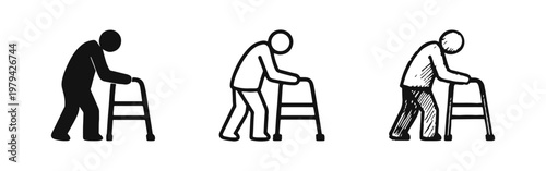 Senior Citizen Using a Walker Icon Set Silhouette Outline and Hand Drawn