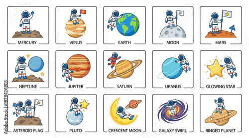 Cute flat design solar system planet card set with astronaut and space elements. Collection features Mercury, Venus, Earth, Moon, Mars, Jupiter, Saturn, Uranus, Neptune and Pluto cards.