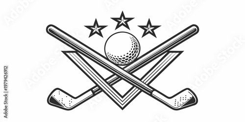 A black and white illustration of golf clubs ball and stars