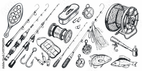 Vintage fishing equipment collection rods reels hooks and accessories