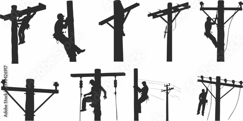 Silhouettes of linemen performing maintenance on utility poles and power lines