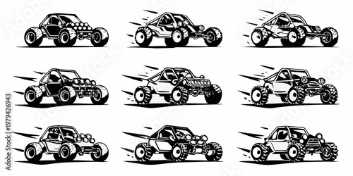 Collection of cartoon style dune buggies in varying perspectives