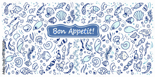 Hand drawn illustration of seafood shells and the phrase bon app tit