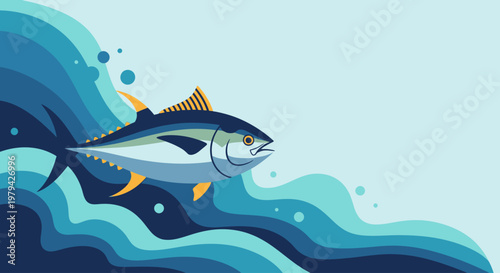 Illustration of a tuna swimming in the ocean waves, celebrating World Tuna Day with marine life conservation themes