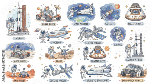 Labeled doodle space exploration set with named astronaut activity scenes. Hand drawn collection features lunar rover, spacecraft, satellite, spacewalk, drone, launch vehicle and moon base.