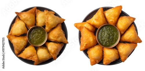 Fried Samosa with sauce on a black plate isolated