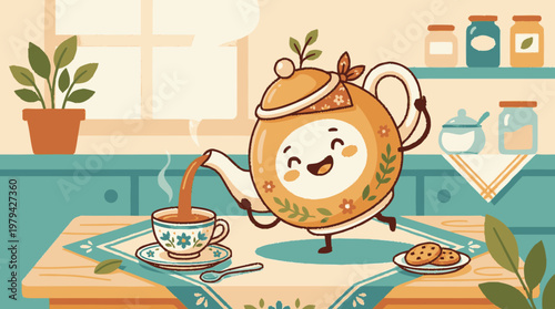 Delightful cartoon teapot character joyfully pouring hot tea into a cup on a cozy kitchen table with biscuits, charming illustration.