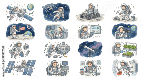 Cute cartoon astronaut sticker set with hand drawn doodle style. Funny space explorer collection with moon, satellite, rover, flag, planet and weightless floating scenes.