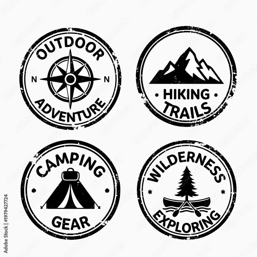 Fototapeta premium set of stamps, Nature Explorer Badge Highlighting Forest Paths, Tents, and Peaks Symbolizing Outdoor Adventure, Discovery, and Wild Exploration